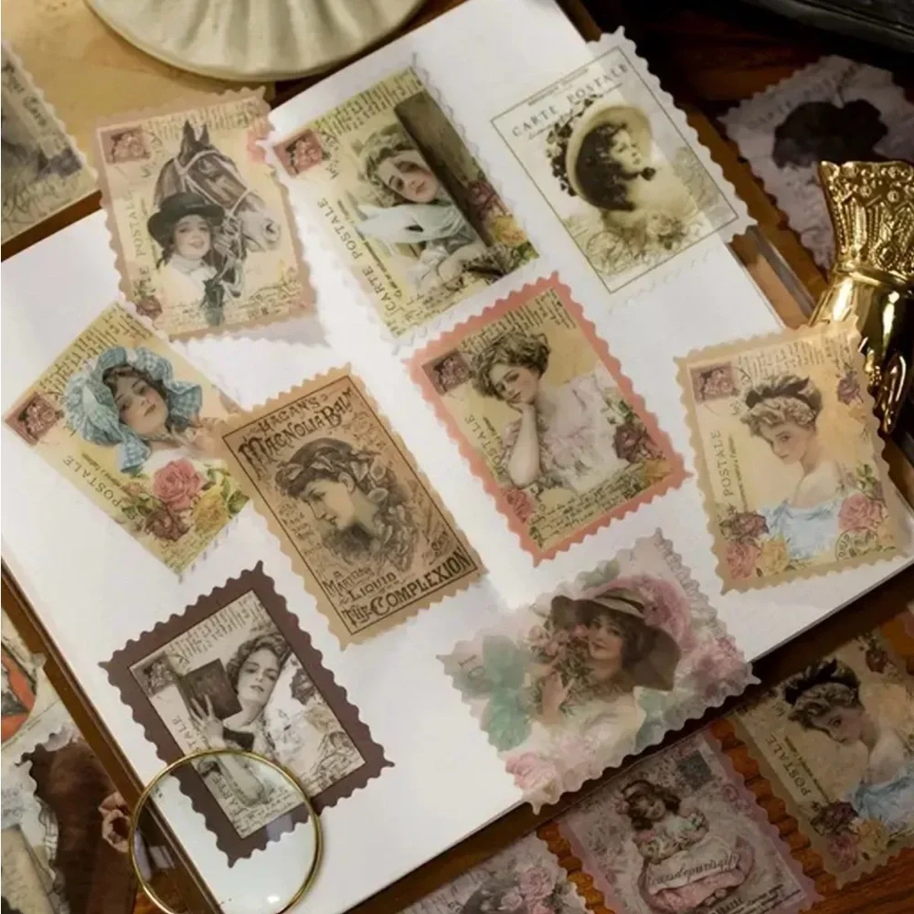 Set Of 60 pcs Vintage Style Stamp Stickers Adorable‎ Designs For DIY Scrapbooks